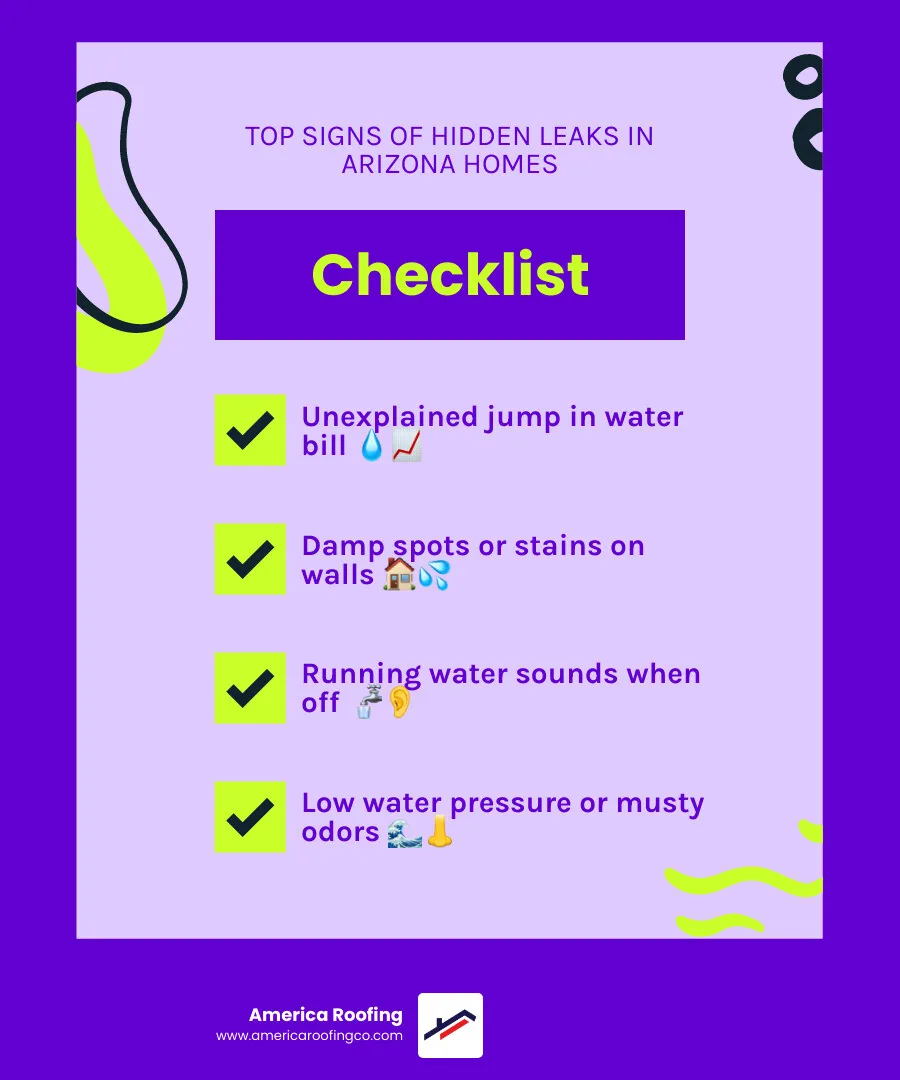 infographic showing common signs of water leaks and their impact on Arizona homes - Leak detection Arizona infographic