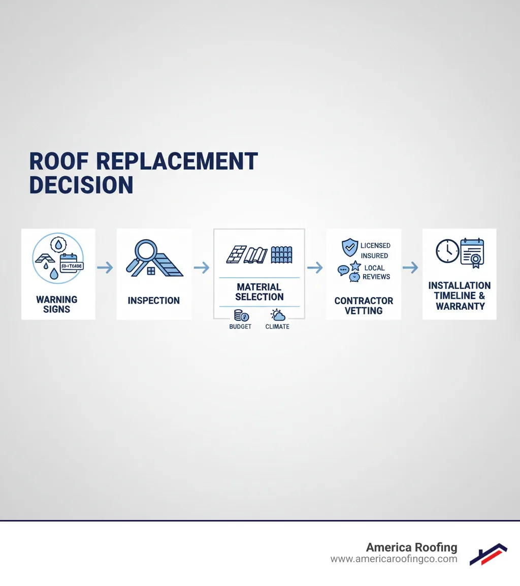 Infographic showing the roof replacement decision process: Warning signs (curling shingles, leaks, age over 20 years) leading to inspection, then material selection (asphalt, tile, metal) based on budget and climate, followed by contractor vetting (licensed, insured, local reviews), and finally installation timeline and warranty coverage - roof replacement infographic