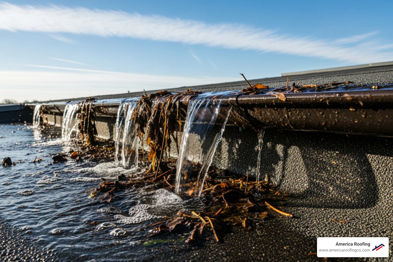 image of clogged gutters on a flat roof - leaking grp roof