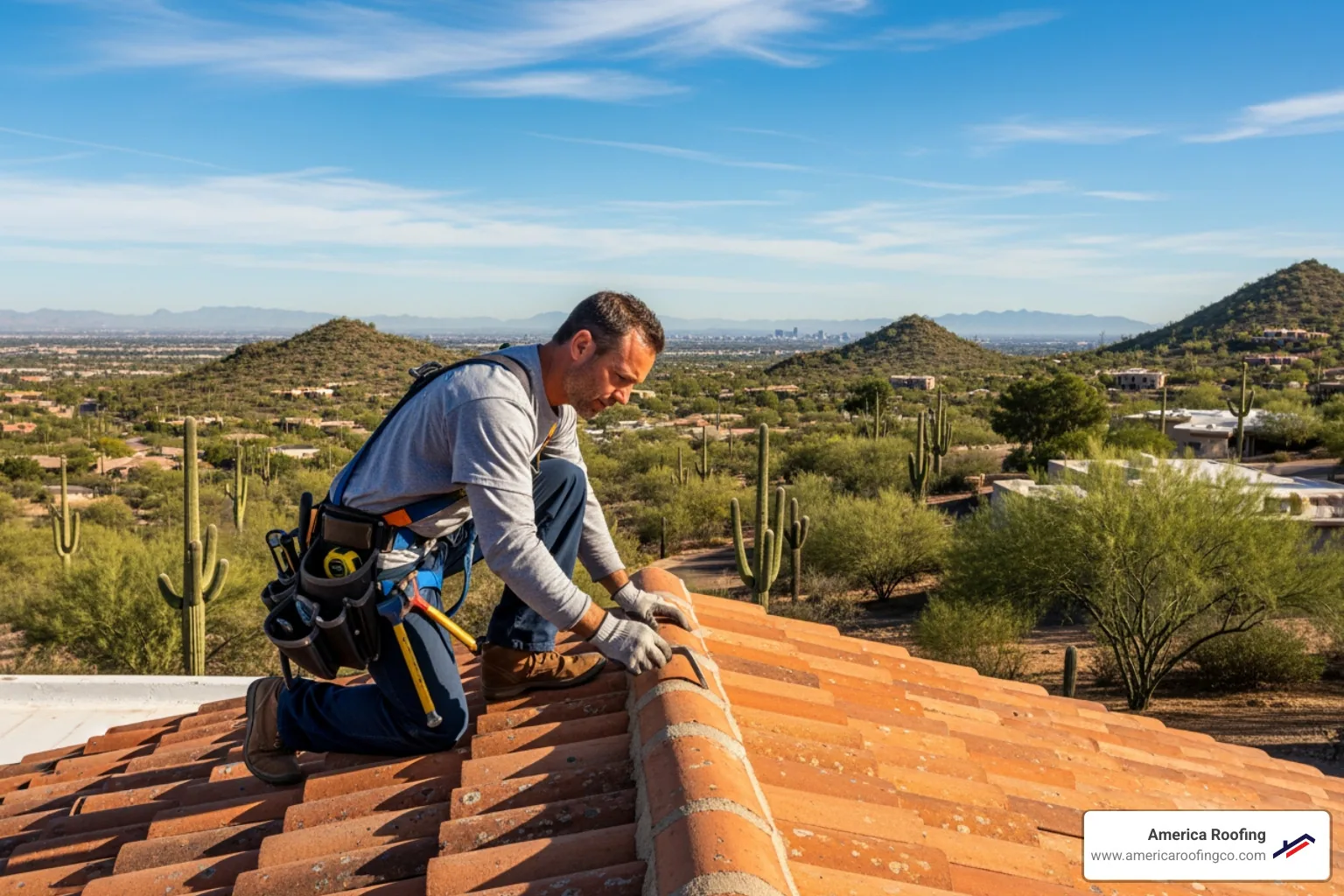 professional roofer carefully inspecting a tile roof in Phoenix - how long do tile roofs last in phoenix
