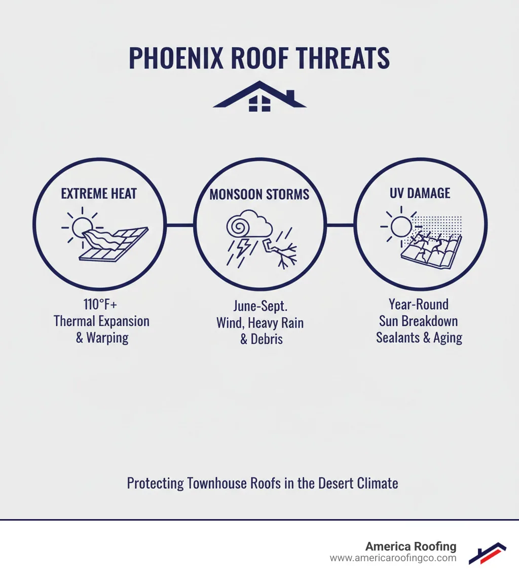 Infographic showing the three major roof threats in Phoenix: Extreme Heat (110°F+ causing thermal expansion and material warping), Monsoon Storms (wind damage, heavy rain, and debris impact from June through September), and UV Damage (year-round sun exposure breaking down sealants and accelerating aging of tiles and shingles) - phoenix townhouse roof repair infographic