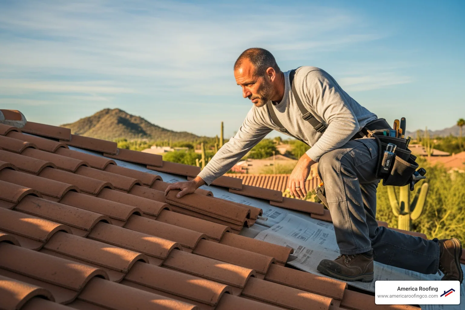 Roofer inspecting a clay tile roof for maintenance - Clay tile roof Phoenix