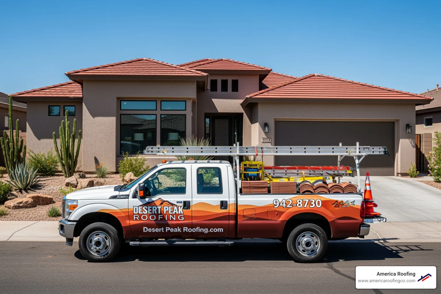 America Roofing branded truck in front of a Phoenix home - how long do tile roofs last in phoenix