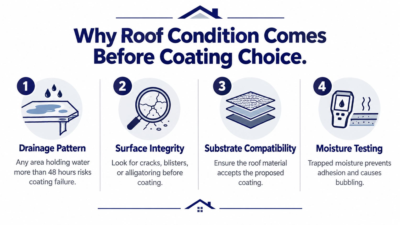 A four-step infographic explaining why assessing roof condition is essential before applying any roof coating materials.