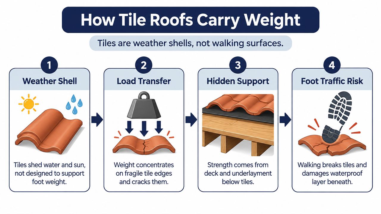 An infographic explaining how tile roofs are weather shells that can be damaged by foot traffic.