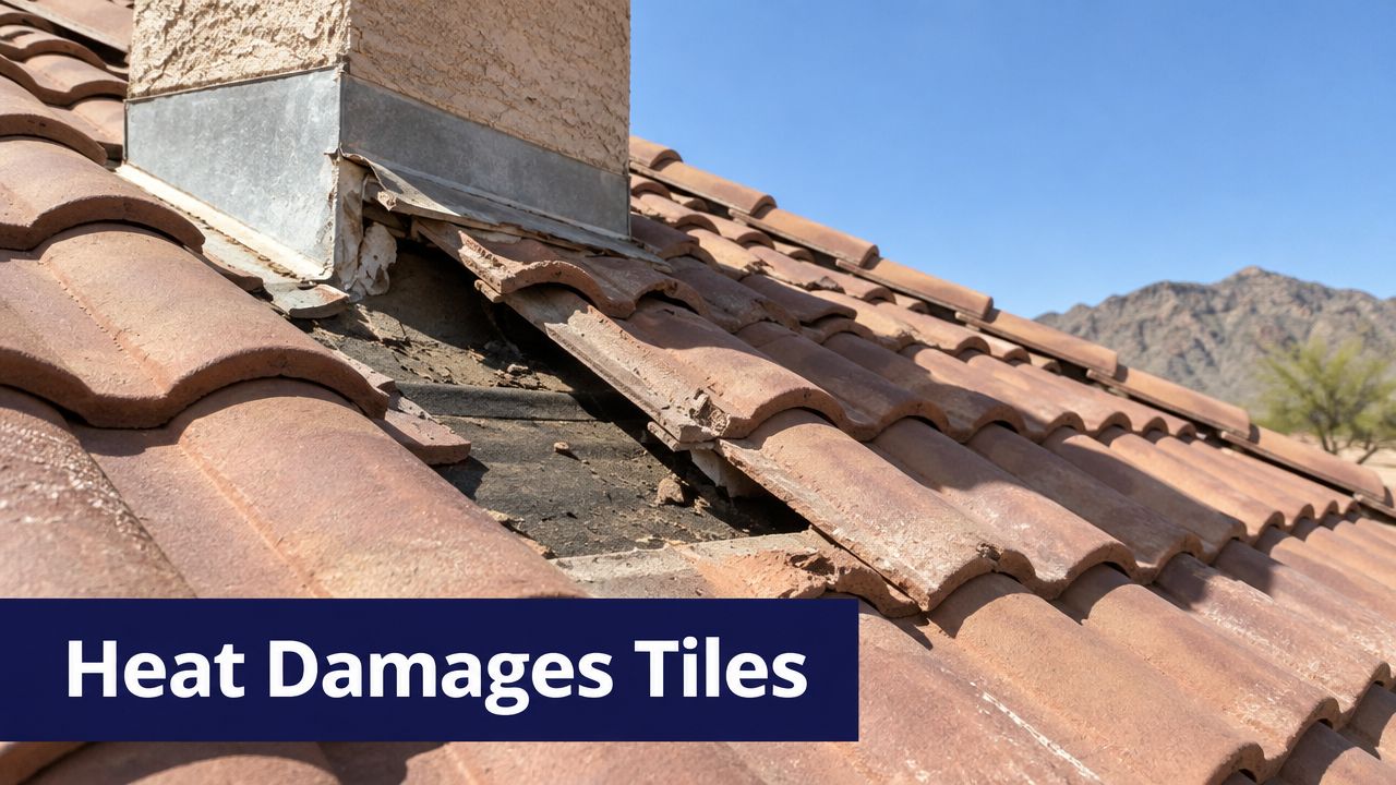 A close-up view of a residential roof showing broken clay roof tiles near the chimney flashing.