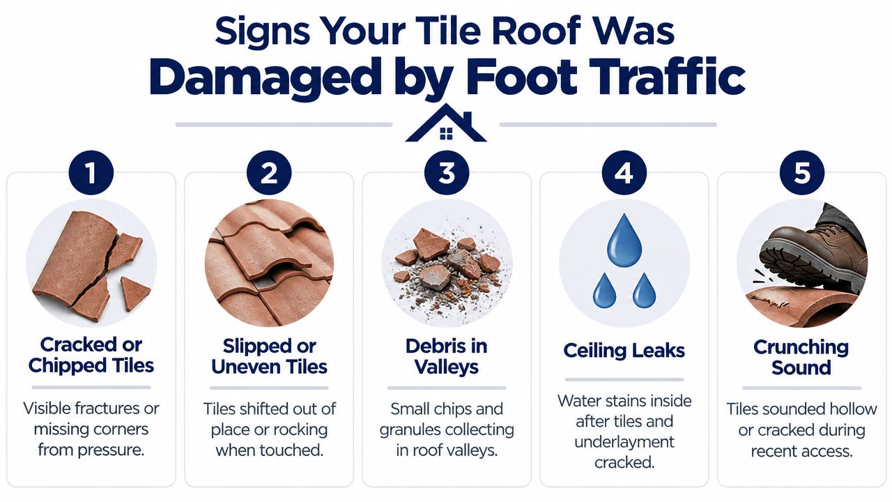 An infographic illustrating five signs of tile roof damage caused by walking on the roof surface.
