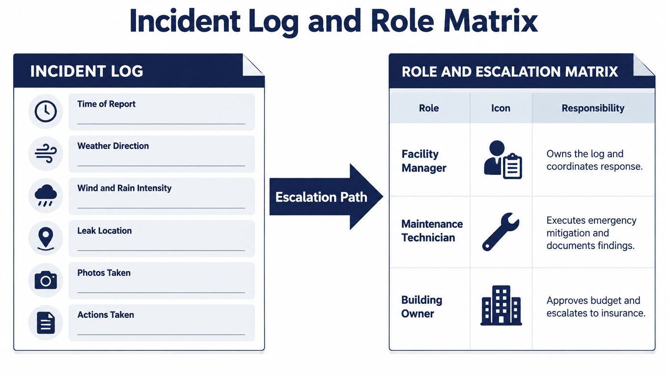 A chart illustrating an incident log for tracking leaks and a role matrix for escalating emergency repairs.