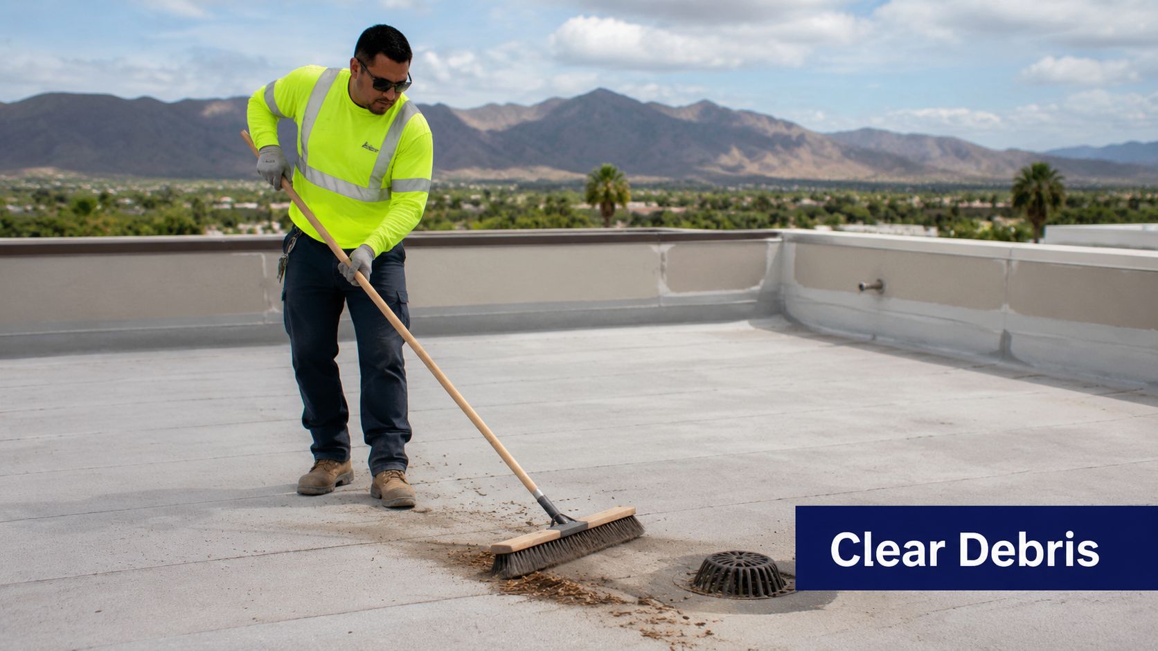 A professional worker in high-visibility gear sweeping debris away from a roof drain on a flat roof.