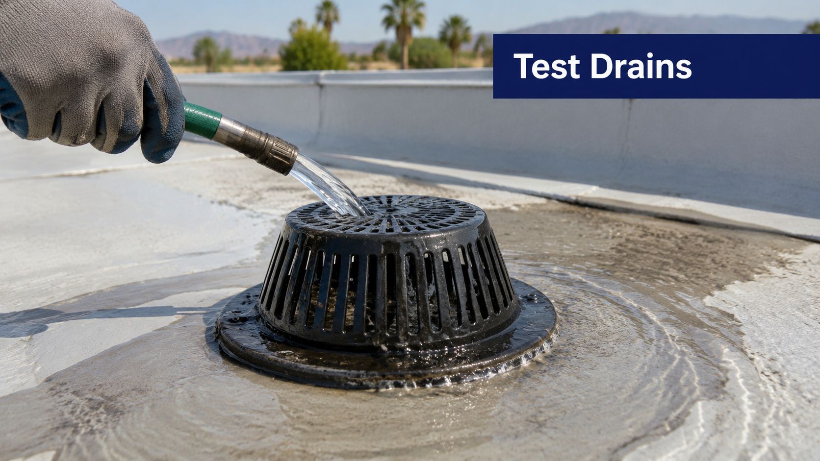 A worker using a hose to test a black roof drain on a white flat roof surface.