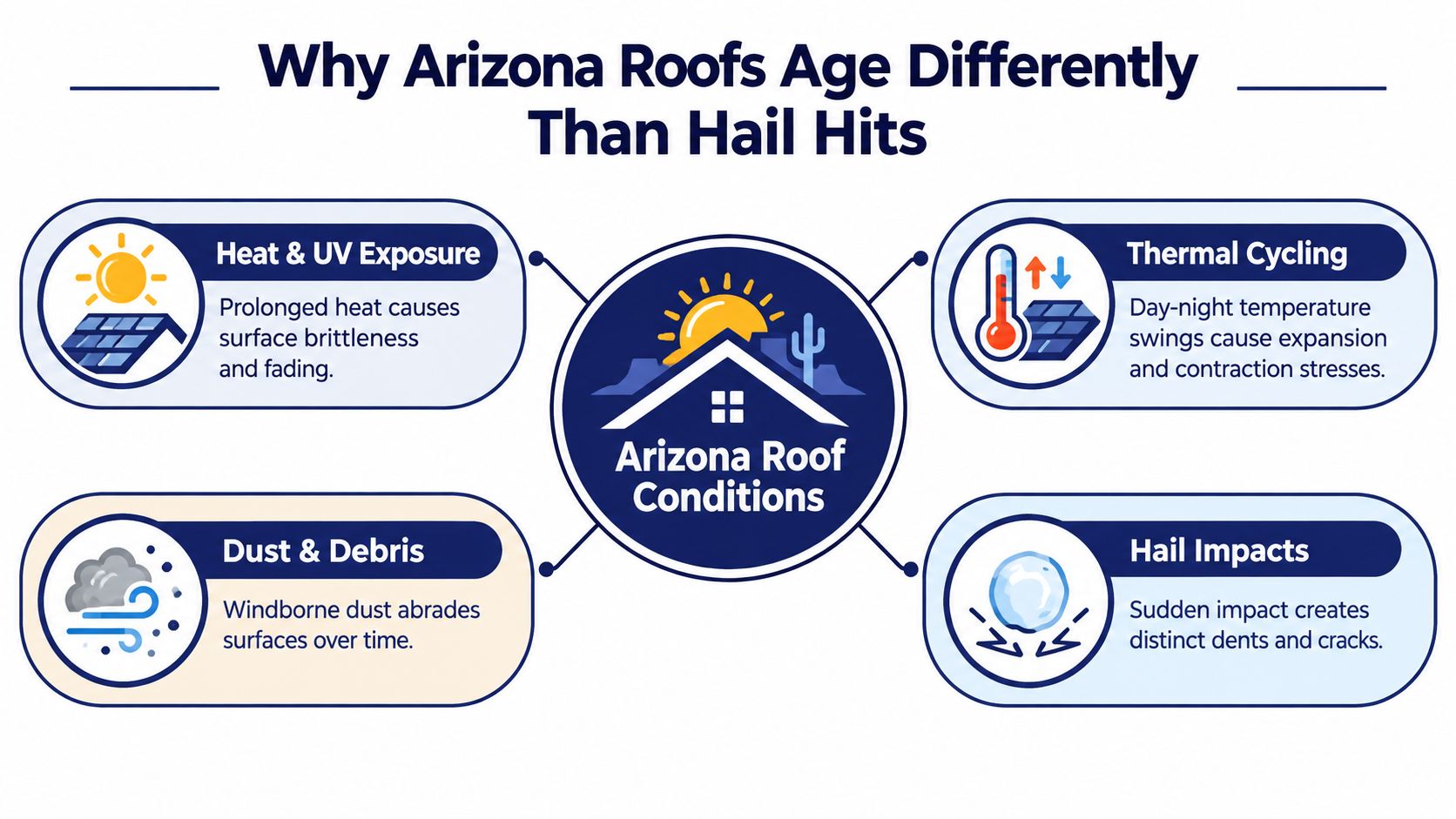 An infographic illustrating the differences between environmental roof aging and hail damage in Arizona climates.