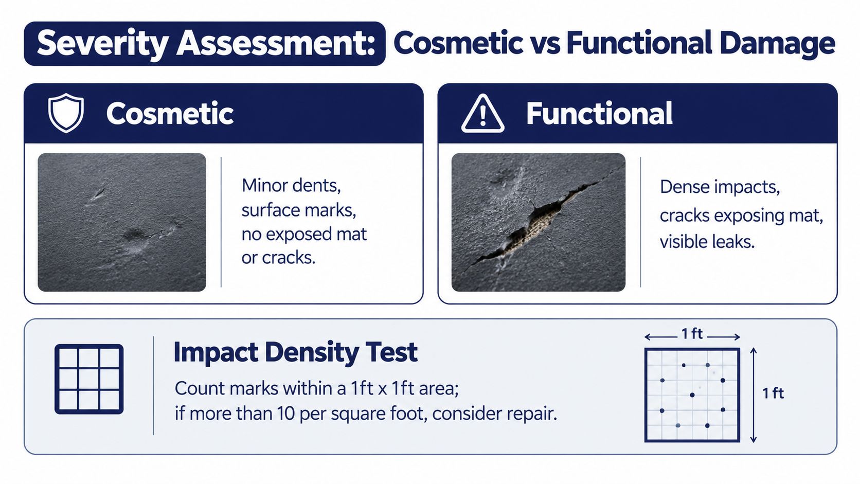 A visual guide comparing cosmetic and functional roof damage alongside a criteria for impact density testing.