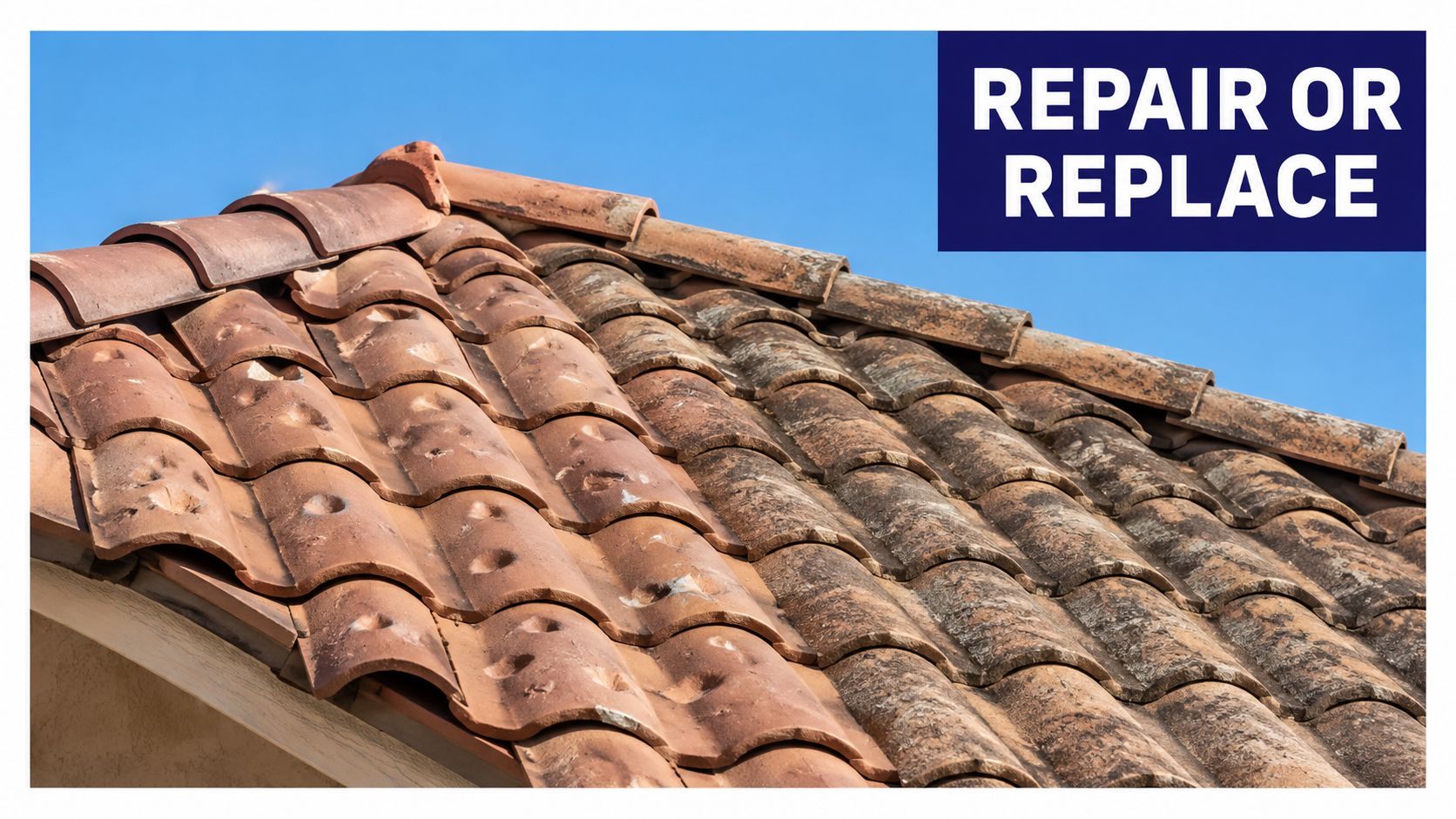 A split view comparing hail-damaged roof tiles on the left and aged, weathered roof tiles on the right.