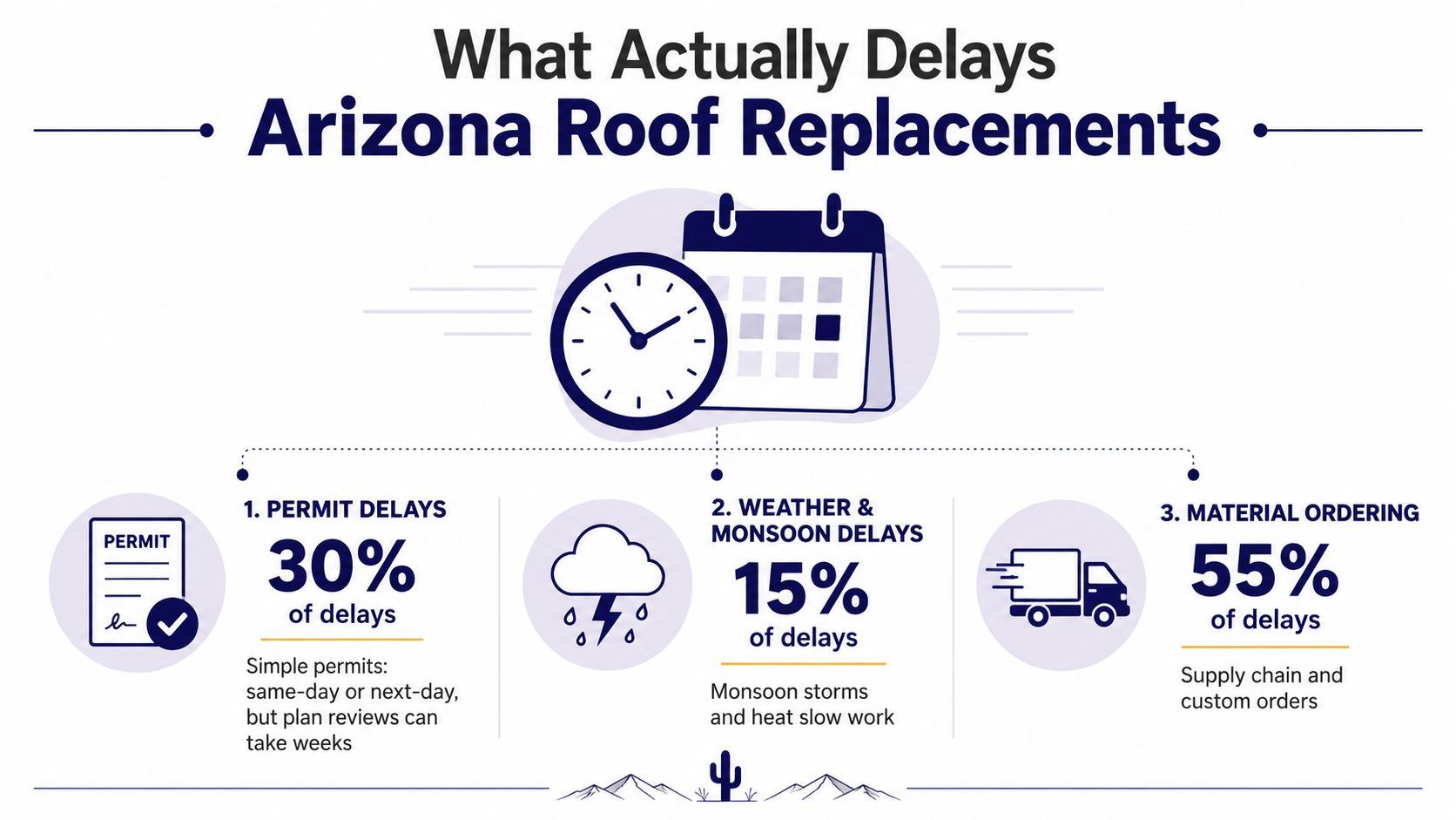 An infographic detailing that material shortages, weather, and permits are the main causes for Arizona roof replacement delays.
