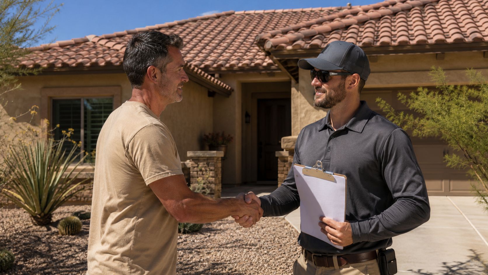 A professional roofing contractor shaking hands with a homeowner in front of their suburban Arizona home.