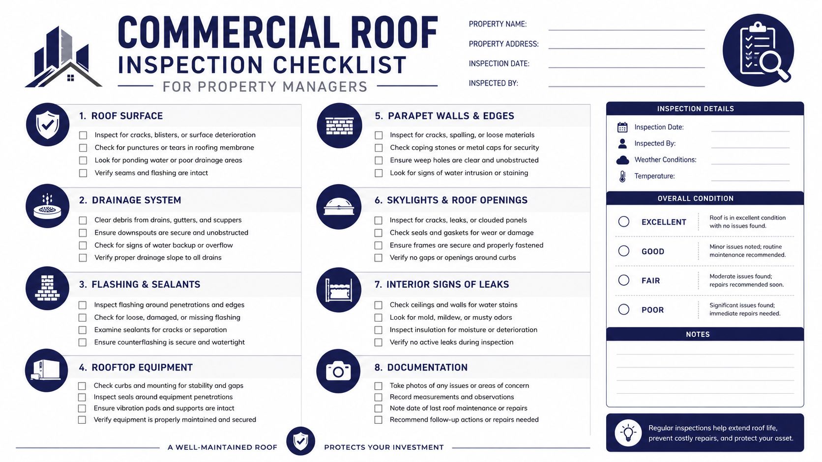 A professional checklist for commercial roof inspections organized by key areas like surface, drainage, and equipment.