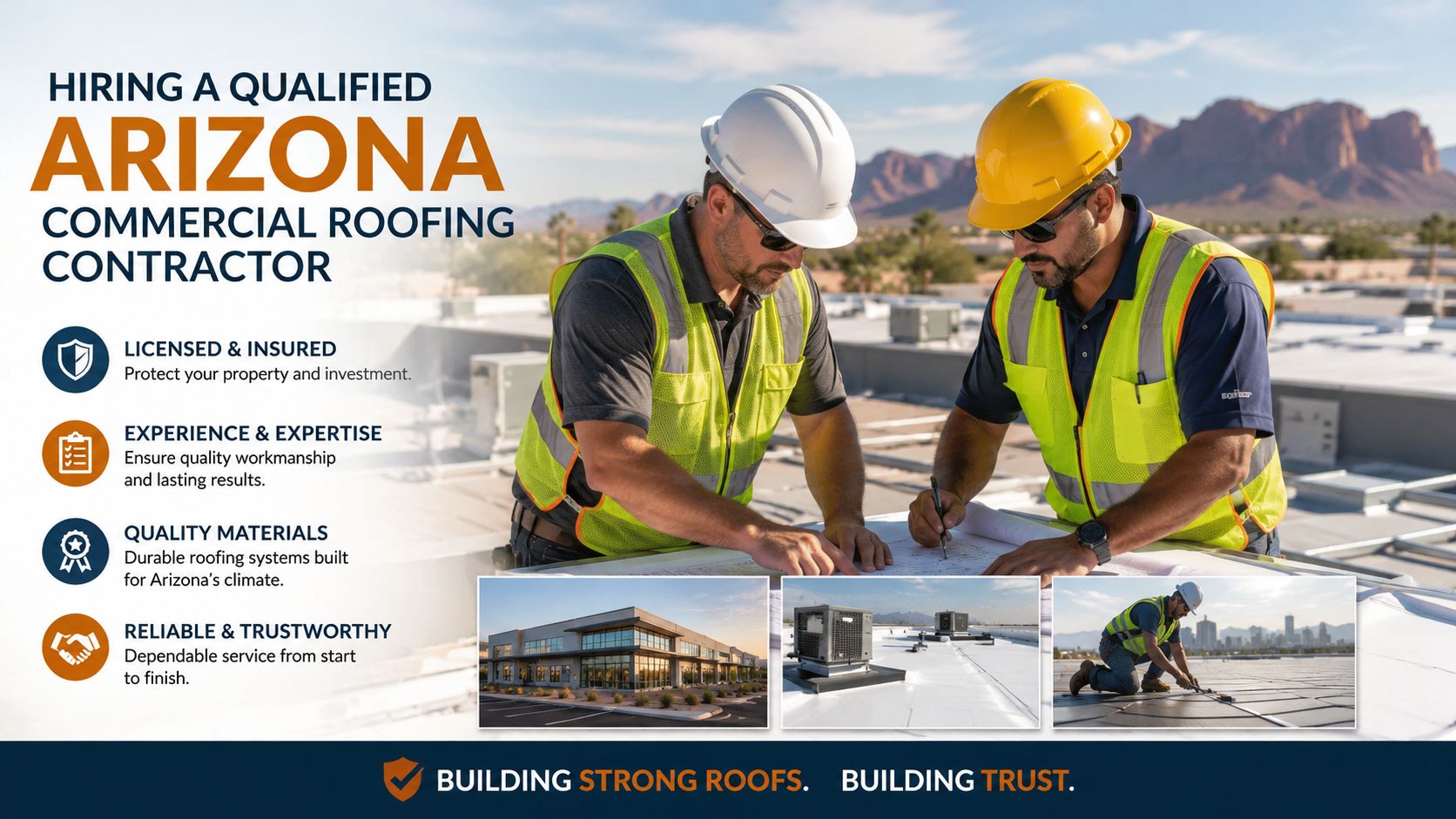 Two professional roofing contractors in safety gear reviewing blueprints on a commercial building roof in Arizona.