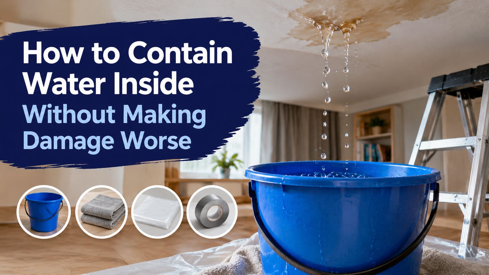 A blue bucket catching water dripping from a damaged ceiling with towels and plastic sheeting nearby.