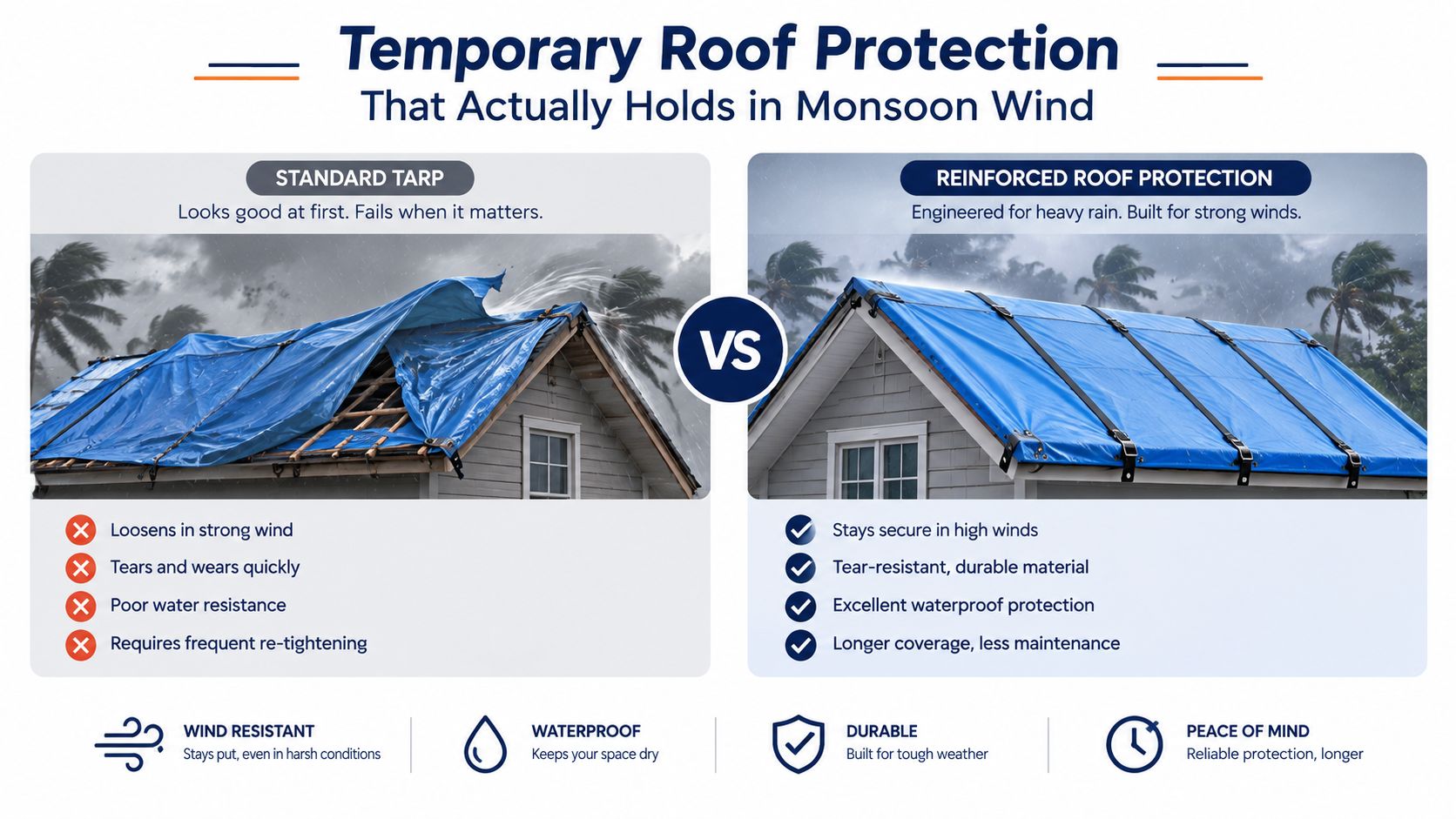 A comparison showing a failed standard tarp versus secure reinforced roof protection during monsoon wind storms.