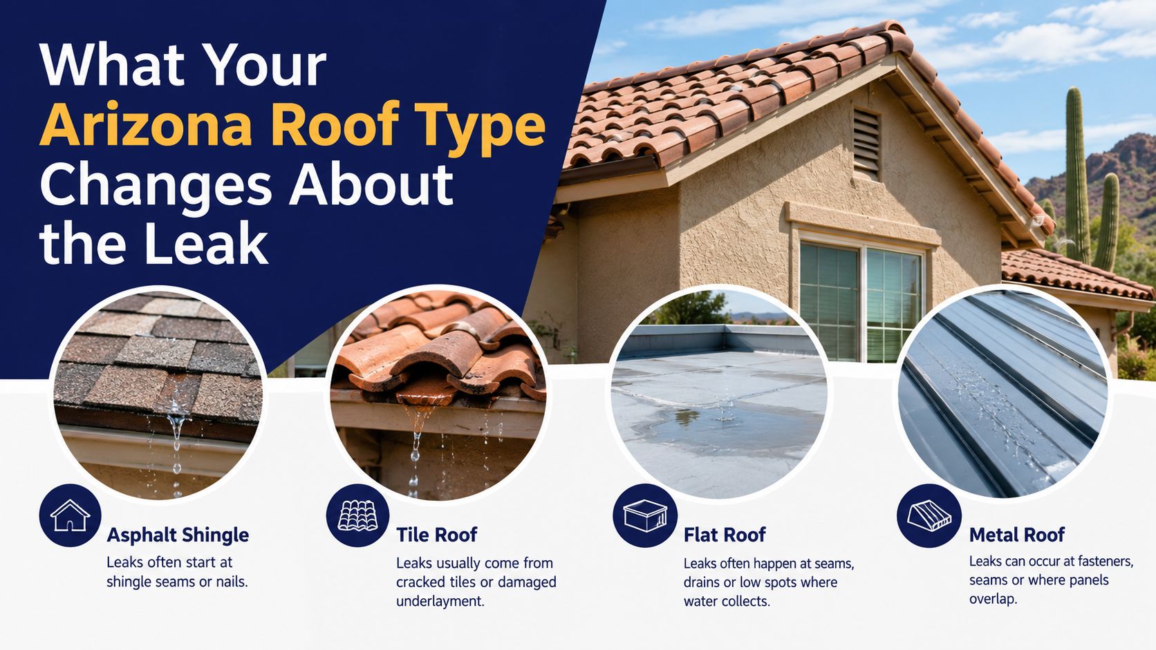 A visual guide explaining how different Arizona roof types like asphalt, tile, flat, and metal, develop leaks.