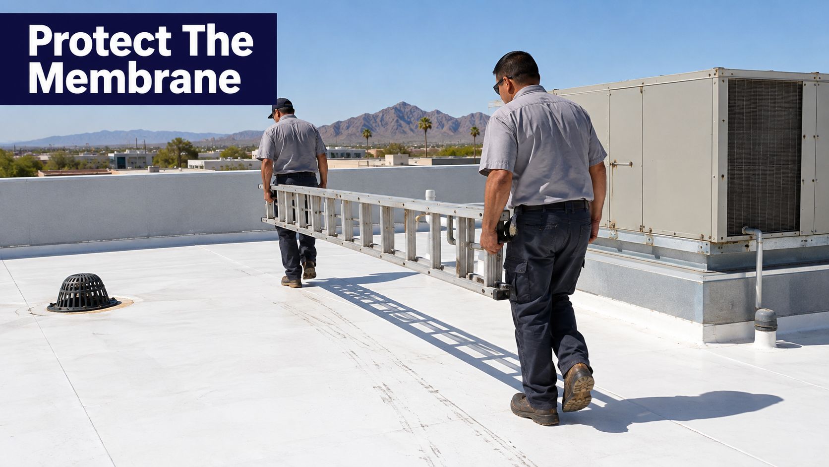 Two technicians in uniform carefully carry a metal extension ladder across a white commercial roofing membrane.