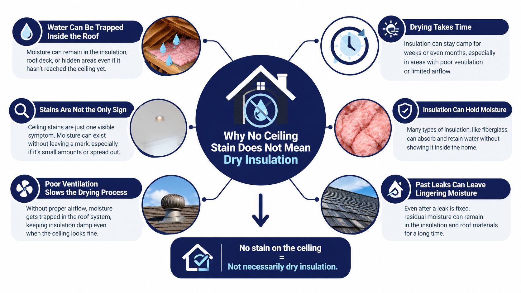An infographic explaining why lack of ceiling stains does not indicate that home insulation is dry.