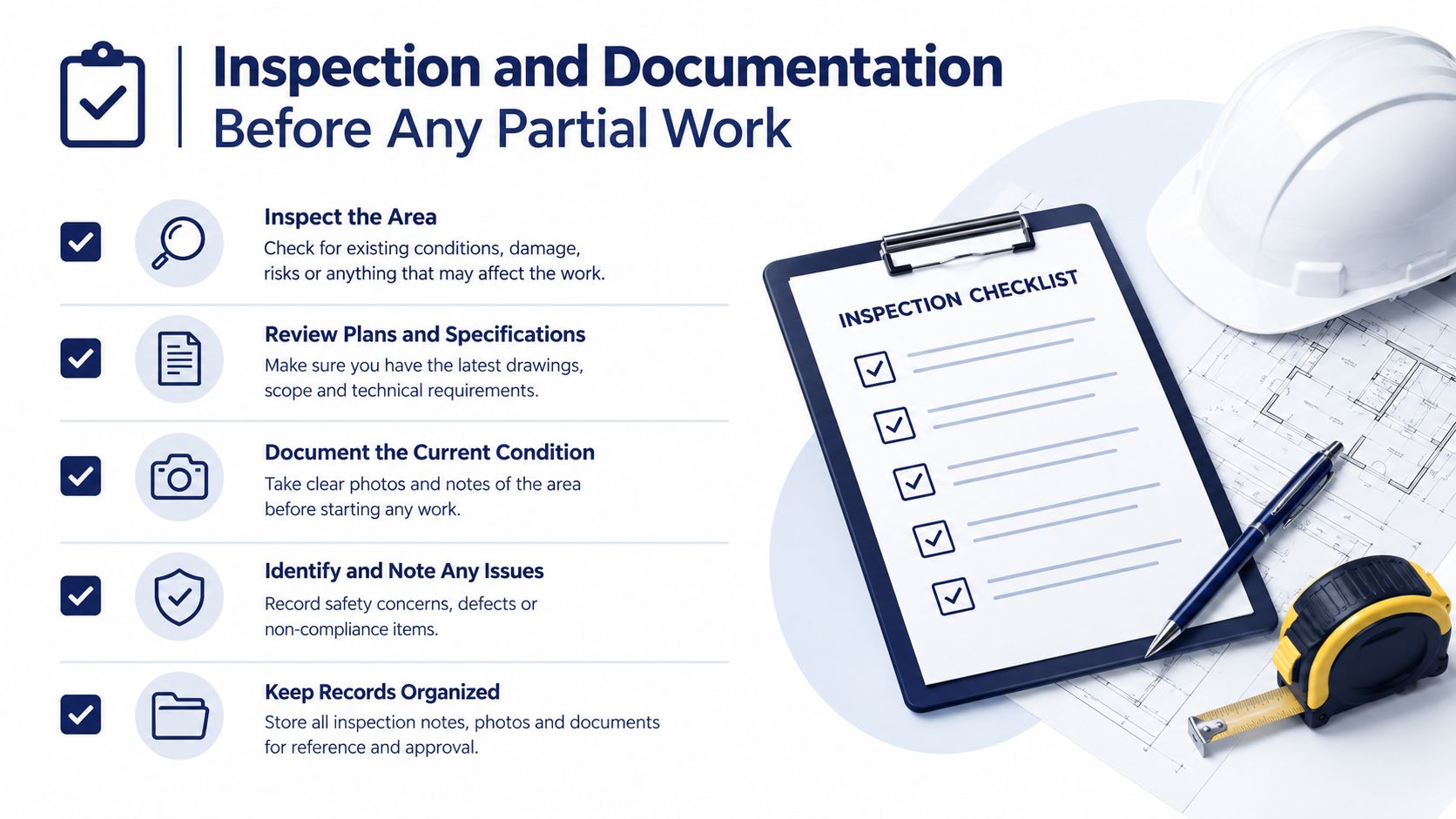 A construction site checklist for inspection and documentation before starting any partial roof replacement project.