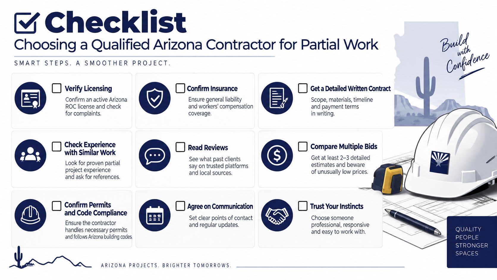 An infographic checklist for selecting a qualified Arizona contractor for partial home renovation or construction projects.