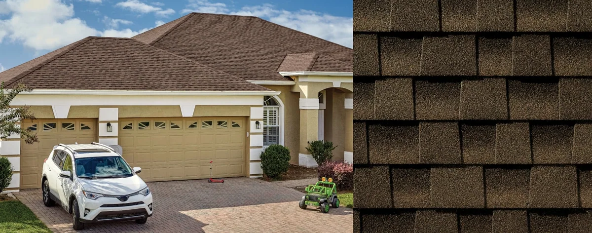 House with Timberline HDZ® Shingles and a close up of a Timberline HDZ® Shingle in Barkwood.