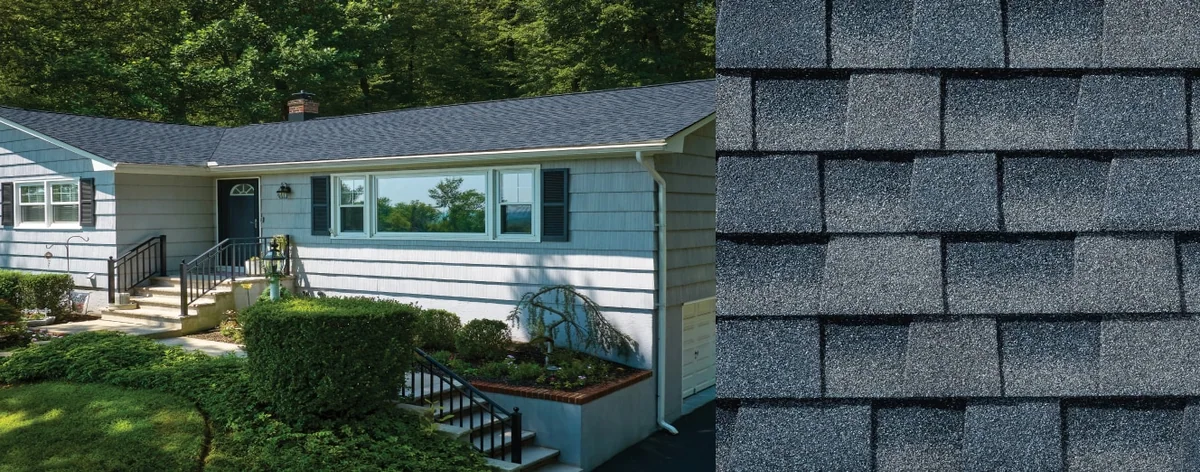 House with Timberline HDZ® Shingles and a close up of a Timberline HDZ® Shingle in Biscayne Blue.