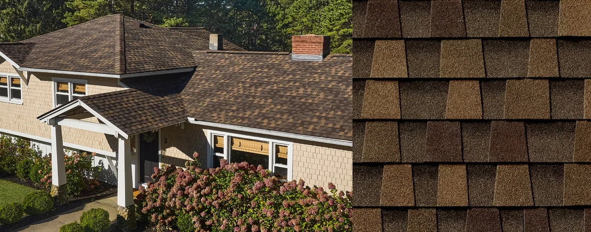 House with Timberline HDZ® Shingles and a close-up of a Timberline HDZ® Shingle in Chestnut Valley