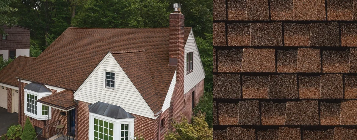House with Timberline HDZ® Shingles and a close up of a Timberline HDZ® Shingle in Hickory.
