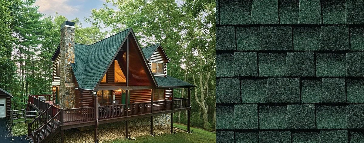 House with Timberline HDZ® Shingles and a close up of a Timberline HDZ® Shingle in Hunter Green.