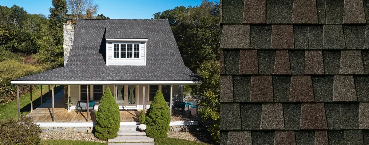 House with Timberline HDZ® Shingles and a close-up of a Timberline HDZ® Shingle in Midnight Mesa.