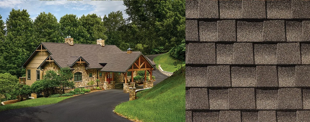 House with Timberline HDZ® Shingles and a close up of a Timberline HDZ® Shingle in Mission Brown.