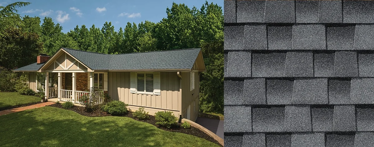House with Timberline HDZ® Shingles and a close up of a Timberline HDZ® Shingle in Oyster Gray.
