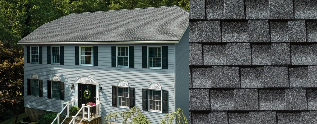 House with Timberline HDZ® Shingles and a close-up of a Timberline HDZ® Shingle in Pewter Gray.