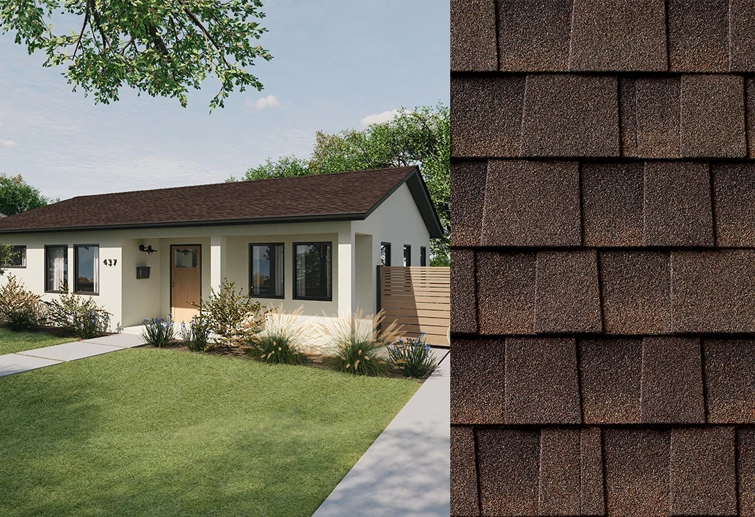 Side by side of home with Aged Chestnut Timberline HDZ RS roof shingles and swatch