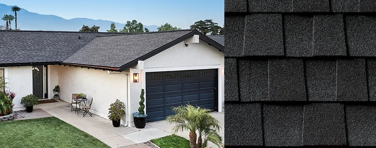 Side by side of Charcoal Timberline HDZ RS roof shingle swatch and example home