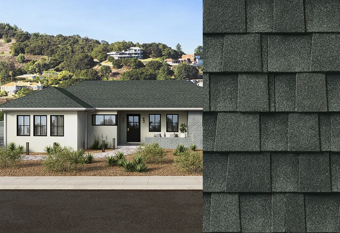 Side by side of home with Coastal Slate Timberline HDZ RS roofing shingles and shingle swatch