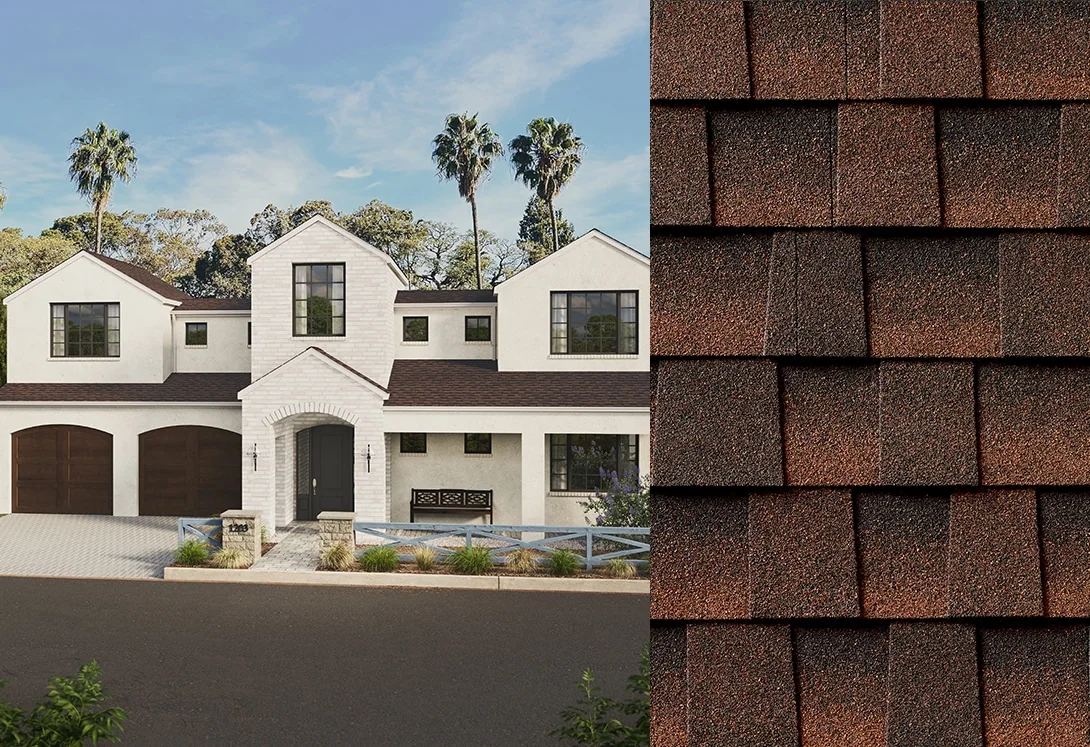 Side by side of home with Hickory Timberline HDZ RS shingles and roof shingle close-up