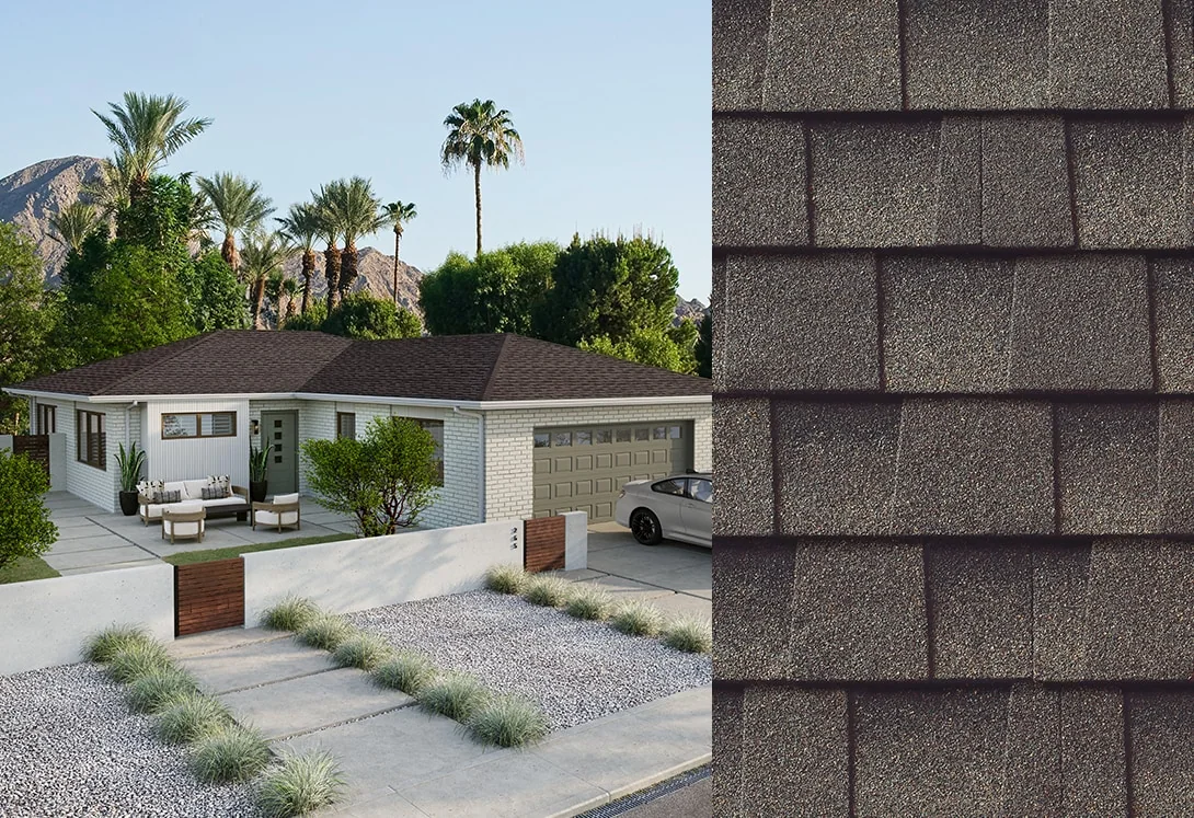 Side by side of home with Sagewood Timberline HDZ RS roof shingles and shingle close-up