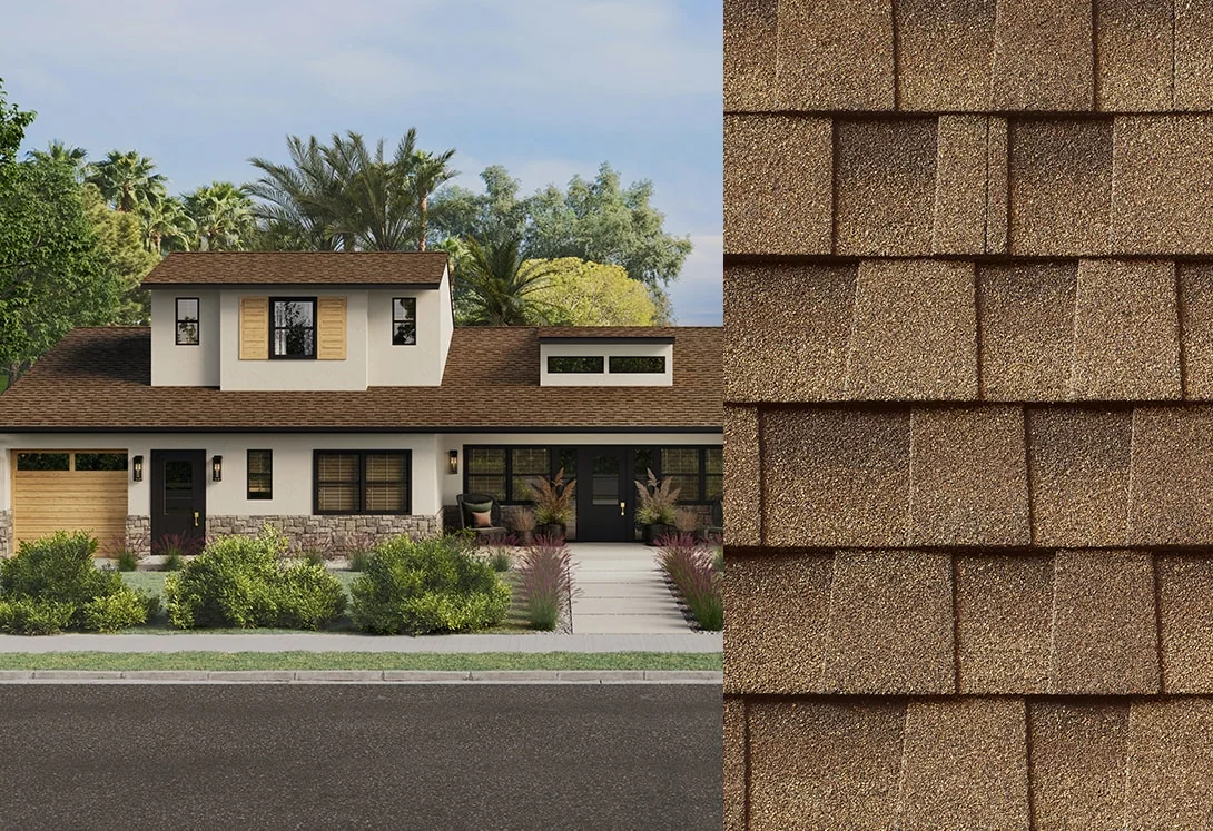 Side by side of home with Sandalwood Timberline HDZ RS roofing shingles and shingle close-up