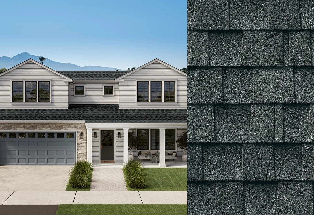 Side by side of home with Stone Gary Timberline HDZ RS roofing shingles and shingle close-up