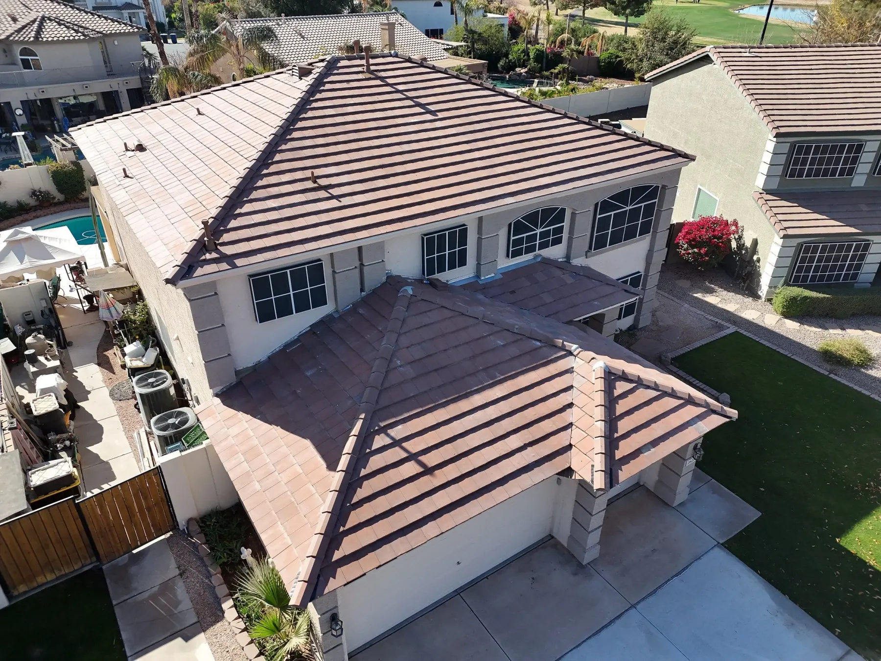 Completed tile roof on a two-story Arizona home
