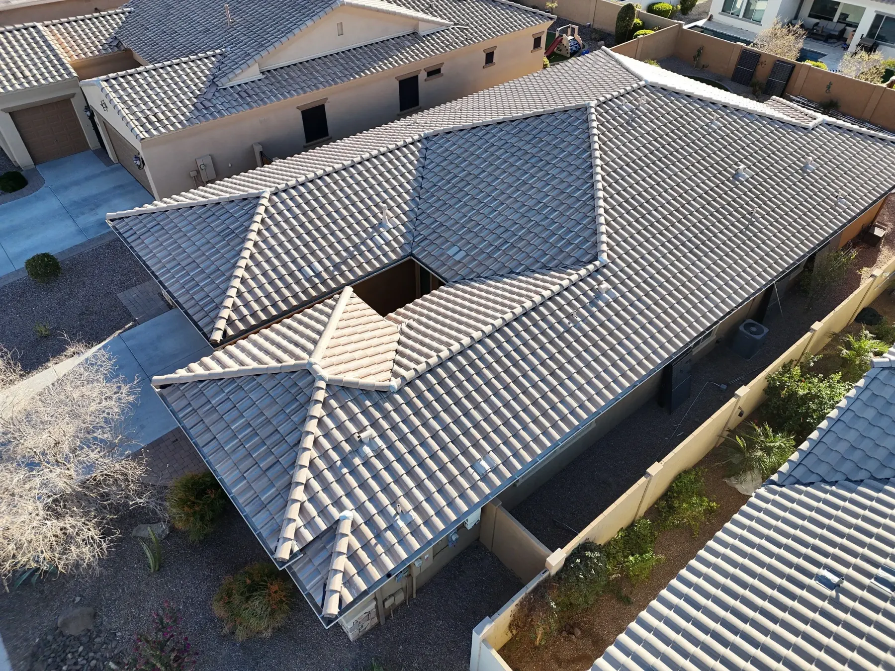 Completed tile roof on a Phoenix-area home viewed from above