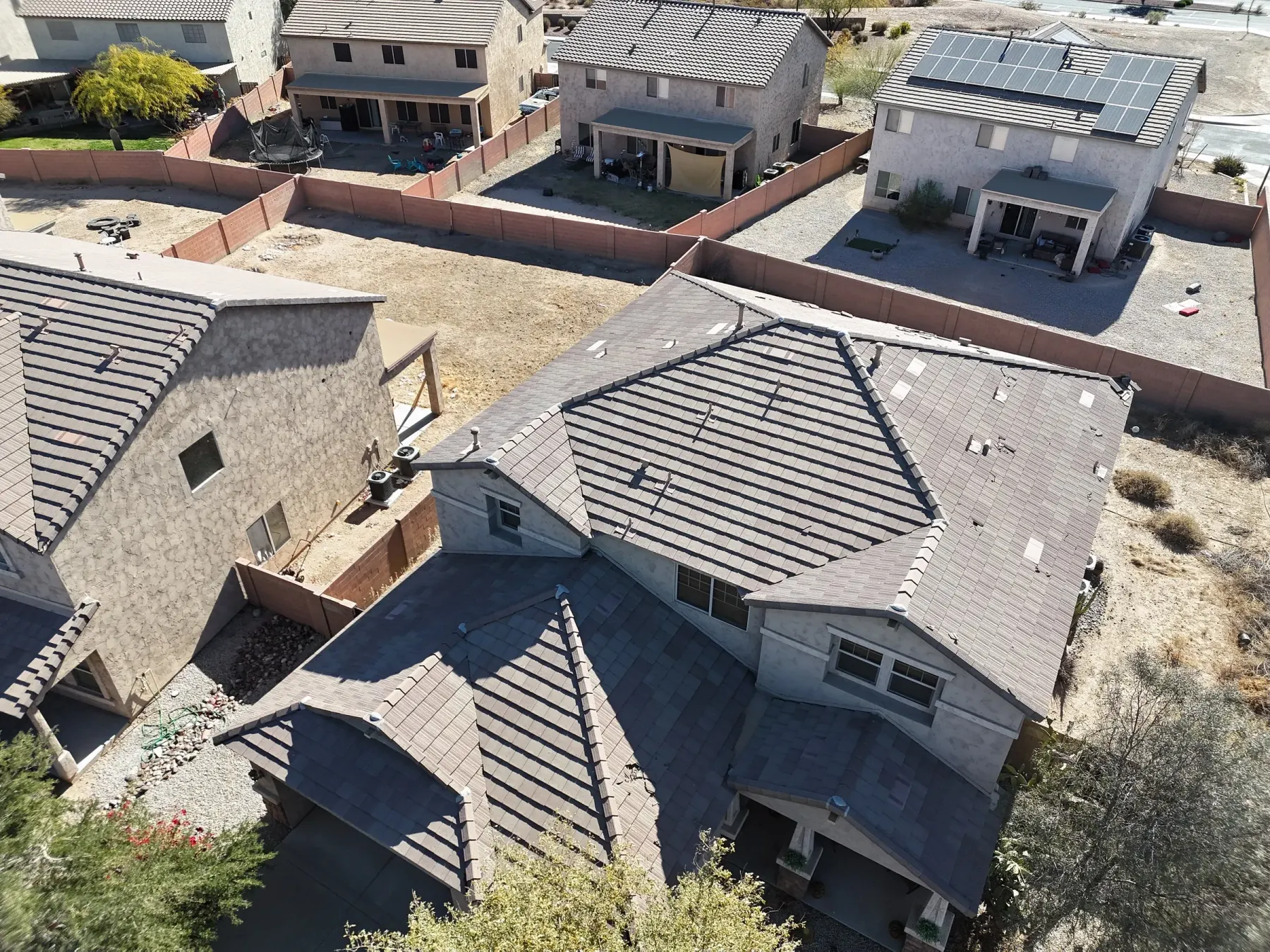 Completed tile roof on a Southern Arizona style home viewed from above
