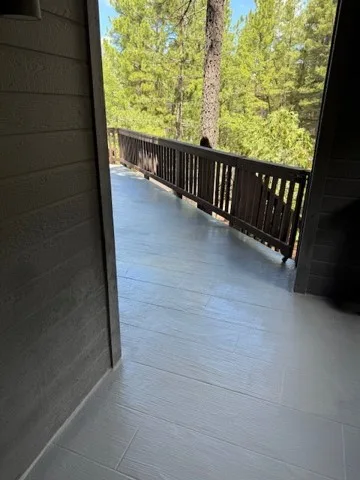 Eye-level view along gray coated balcony beside dark siding, railing, and trees