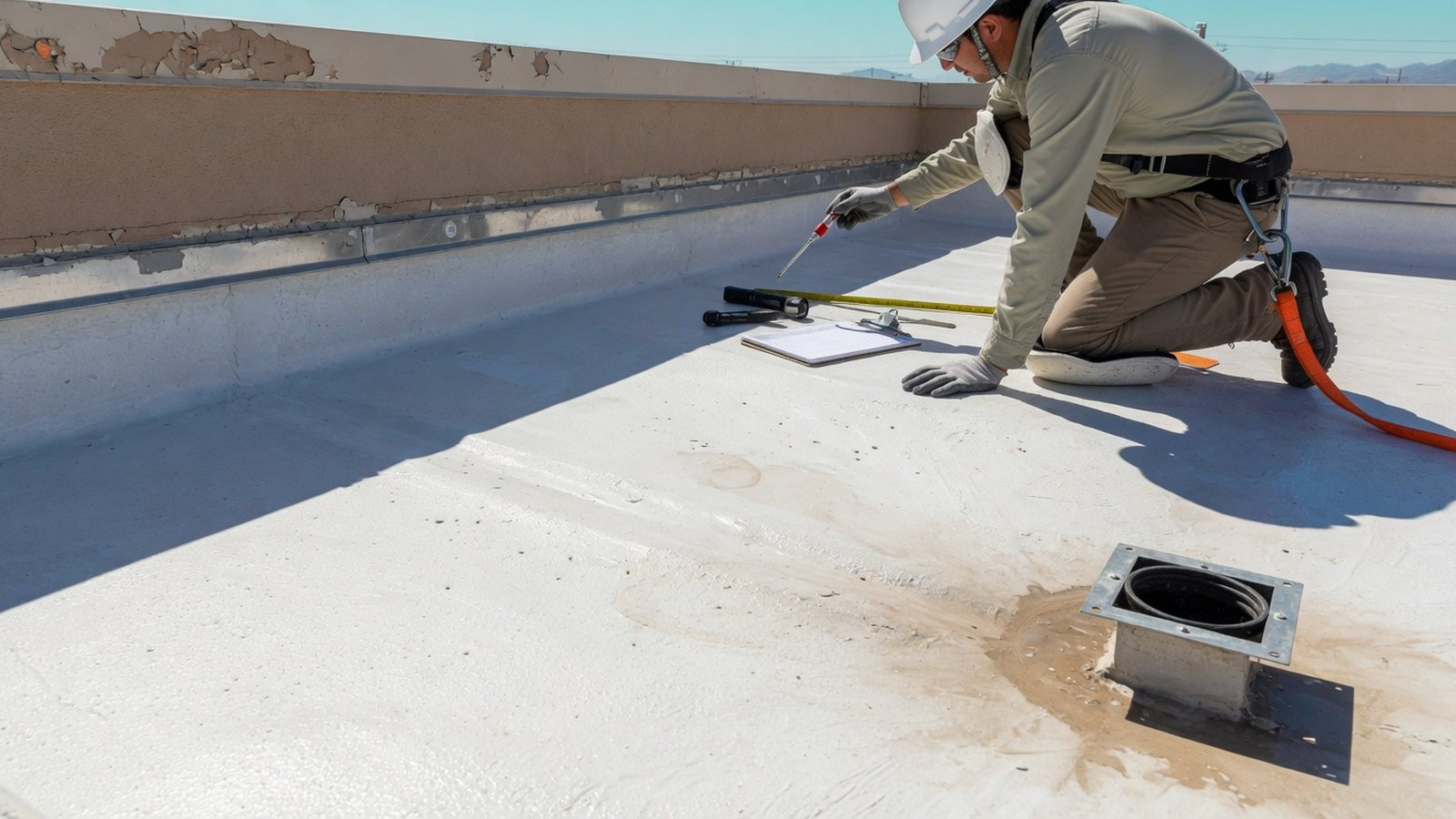 Commercial foam roof inspection on a coated flat roof in Phoenix