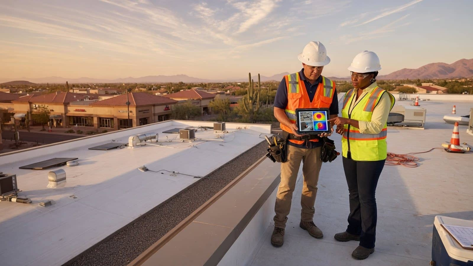 Commercial roofing consultation with a property manager in Phoenix